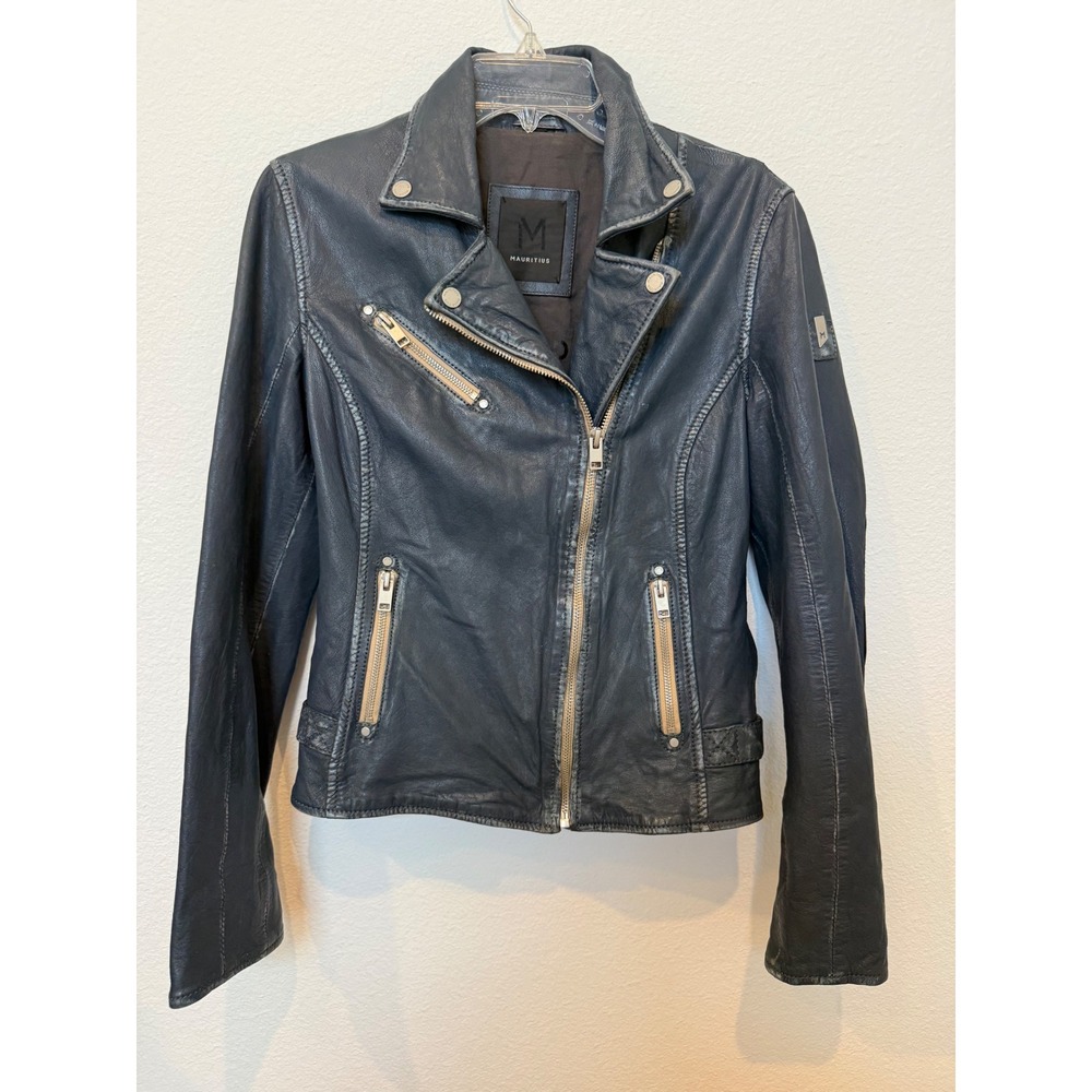 Mauritius Navy Blue Leather Biker Jacket Distressed Moto Asymmetrical Zip Size 6